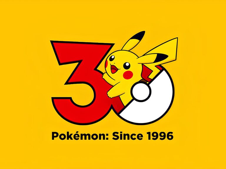 Um número 3 em vermelho e um 0 com a parte superior em vermelho e a parte inferior em branco junto com um botão, relembrando uma Poké Bola. Entre o branco e o vermelho está um Pikachu.